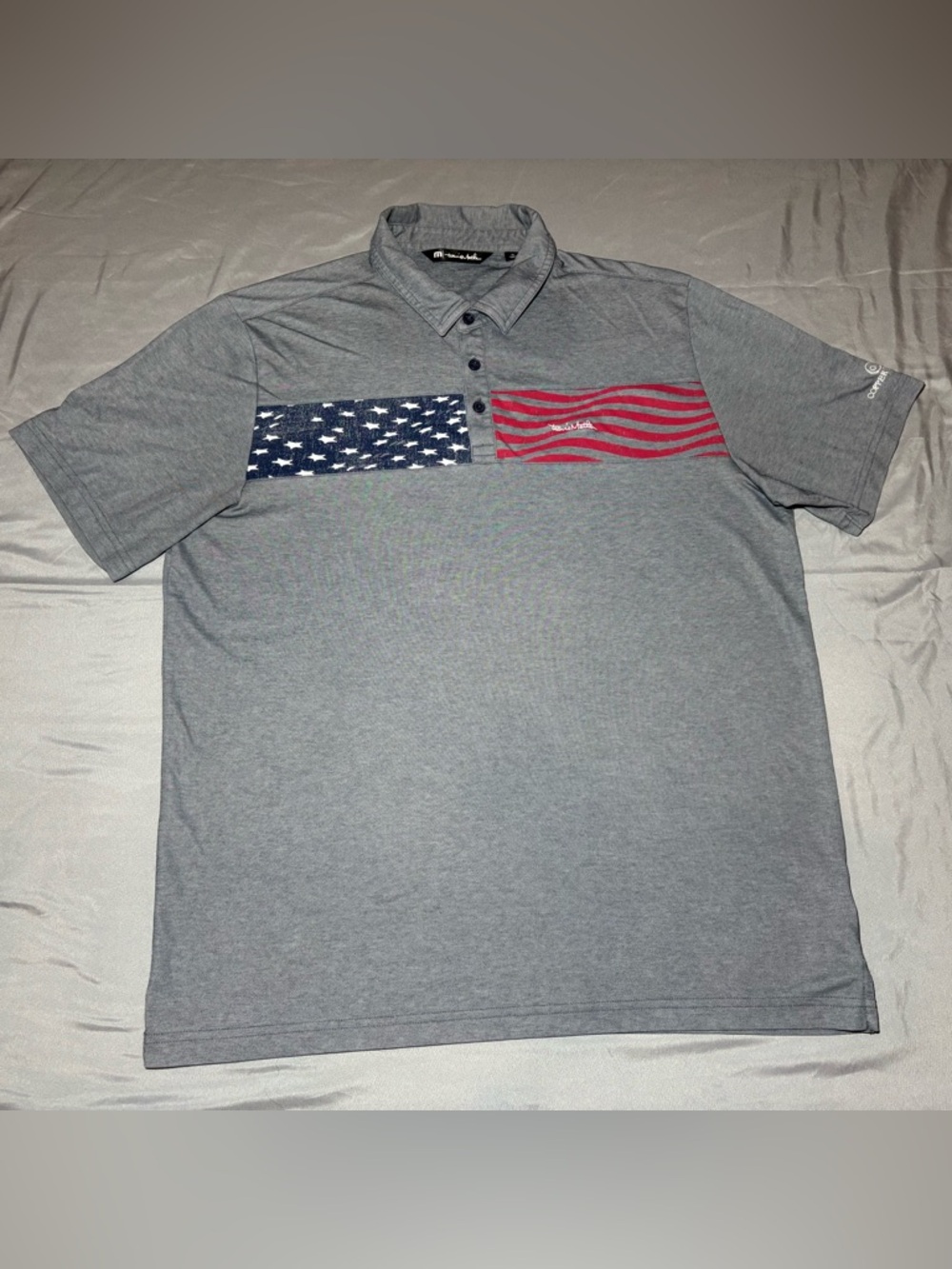 TravisMathew Men’s Gray Polo Shirt ,Short Sleeve American Flag, Men’s Size XL